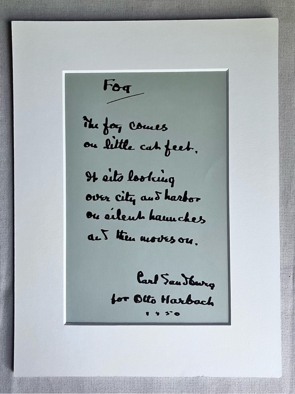 Fog Poem Print by Carl Sandburg Matted for Framing